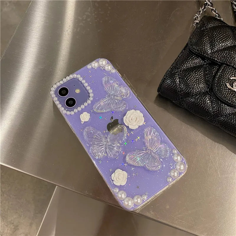 Cute 3D Bow Pearl Rose Phone Case For iPhone 15 14 13 12 11 Pro XS Max XR X 8 7 Plus Se Sequins Soft Shockproof Cover