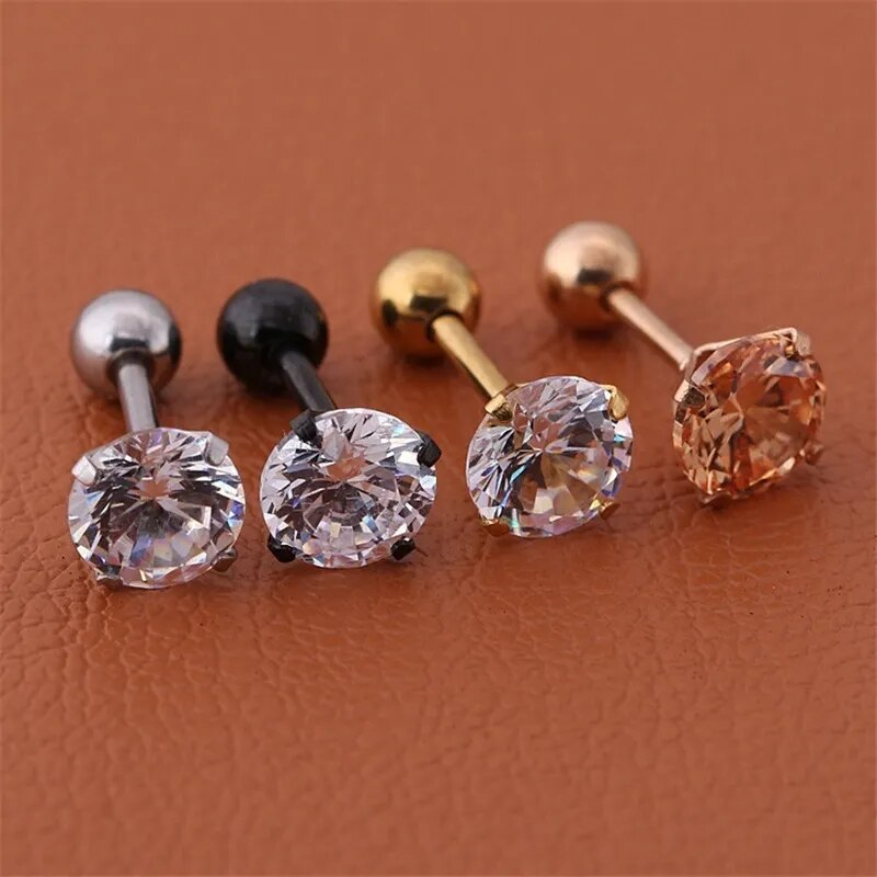 1pc/lot Size 3/4/5/6mm 4 Colors Punk Medical Stainless Titanium Steel Needle Zircon Crystal Stud Earrings