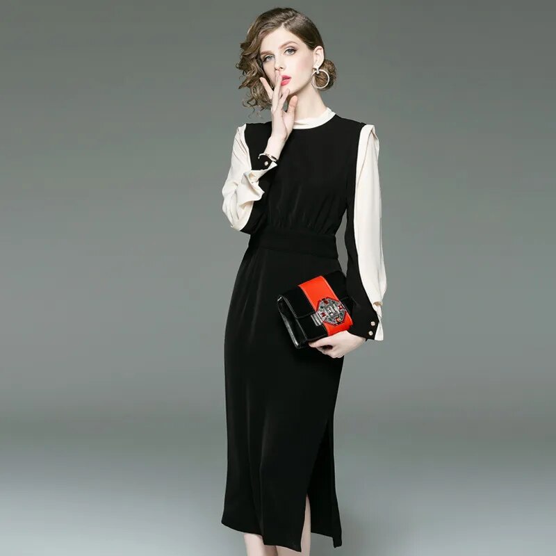 autumn new classic contrast color slim dress round neck long sleeve OL commuter long dresses step female