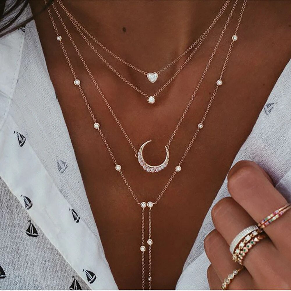 New Vintage Crystal Geometry Star Moon Lock Necklace For Women Boho Multi-level Pendants Necklaces Chokers Jewelry Gift