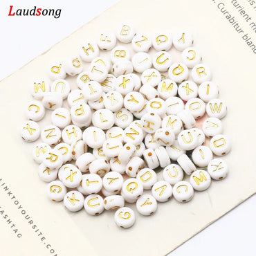 7mm White Gold Color Mix Letter Acrylic Beads Round Flat Alphabet Loose Beads For Jewelry Making Handmade Diy Bracelet Necklace