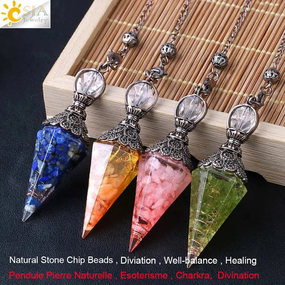 CSJA 7 Chakra Healing Crystals Pendulum for Dowsing Divination Quartz Natural Stone Pendulums Antique Reiki Pendant Pendulo