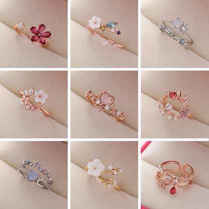 New Fashion Crystal Zircon Rings Sweet Flower Leaf Butterfly Adjustable Open Rings Female Wedding Engagement Jewelry Gift