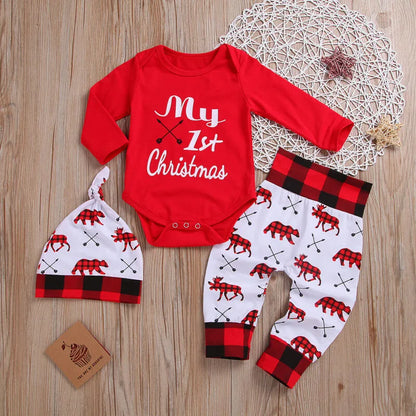 Lovely Baby Boy My First Christmas Letter Romper Kids Pant Newborn Hat Boys Outfits Girl Xmas Set Autumn Clothing 2PCS Set