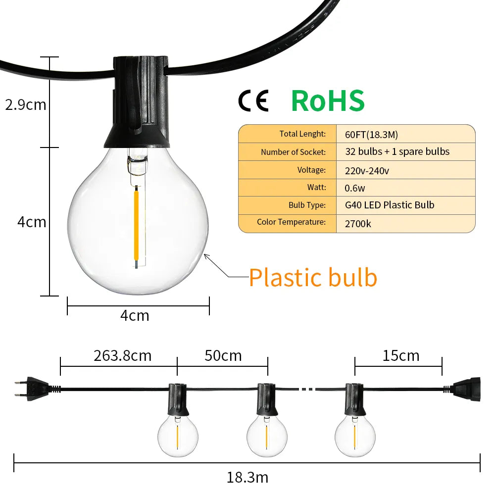 9M 18M  26M Festoon LED String Light G40 Shatterproof Globe Bulb Patio Light Outdoor Garland Light For Garden Wedding Decoration