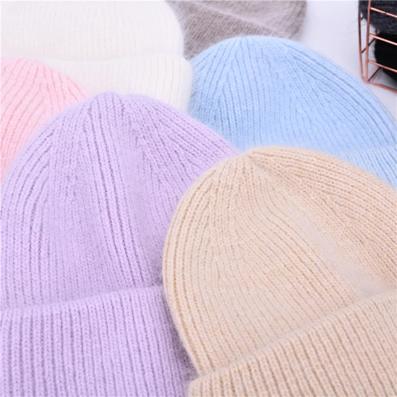 Casual Women's Hat Real Rabbit Fur Beanie Ladies Autumn Winter Cashmere Hats Three Fold Thick Knitted Girls Skullies Beanies Cap