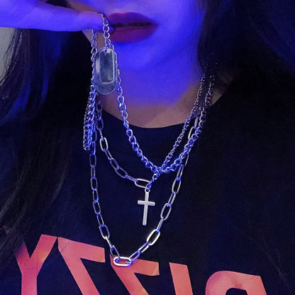 Unisex Multilayer Hip Hop Long Chain Necklace For Women Men Jewelry Gifts Key Cross Pendant Necklace Accessories