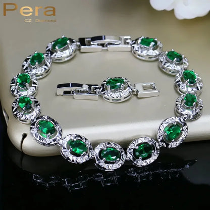 Pera High Quality Full Big Round Connected Created Green Stone Women Link Chain Bracelets Jewelry With White Gold Color