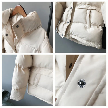 fashion solid women's winter down jacket stand collar short single-breasted coat preppy style parka ladies chic outwear