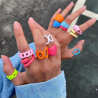 New Fashion Colorful Dripping Oil Geometric Chain Open Rings Set for Women Girls Candy Color Hand-painted Knuckle Rings Jewelry