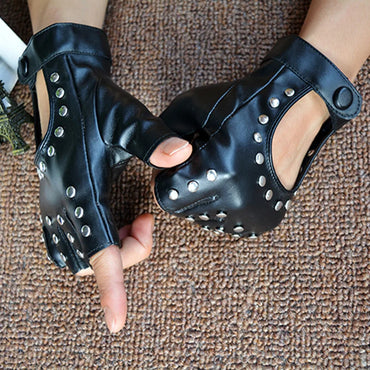 1 Pair Halloween Black Pu Leather Fingerless Gloves Female Half Finger Driving Women Fashion Punk Gloves Dance Rivets Gloves