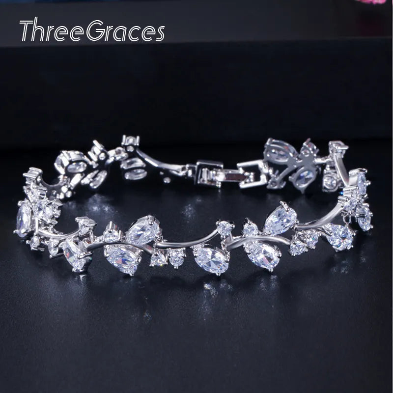 ThreeGraces Romantic Silver Color Leaf and Flower Shape Shiny White Cubic Zirconia