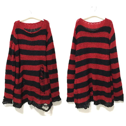 Punk Gothic Long Unisex Sweater Women Striped Cool Hollow Out Hole Broken Jumper Loose Rock Thin Dark Streetwear Top