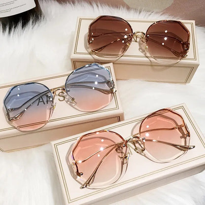 Irregular Round Sunglasses Woman Brand Designer Gradient Fashion Sun Glasses Female Rimless Metal Curved Temples Oculos De Sol