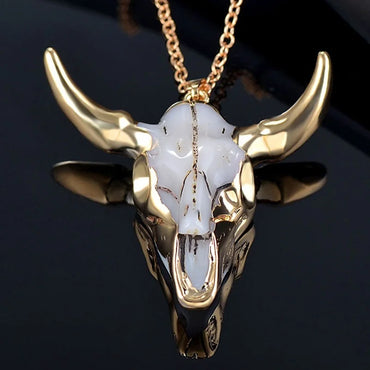 Vintage Bull Skull Women Men's Necklace Pendant Gold Plated Enamel Buffalo Cattle American Western Animal Necklace Jewelry