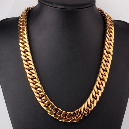 Granny Chic 15mm 7-40inch Gold Color Firm Strong 316L Stainless Steel Jewelry Curb Cuban Link Chain Choker Men's Necklace