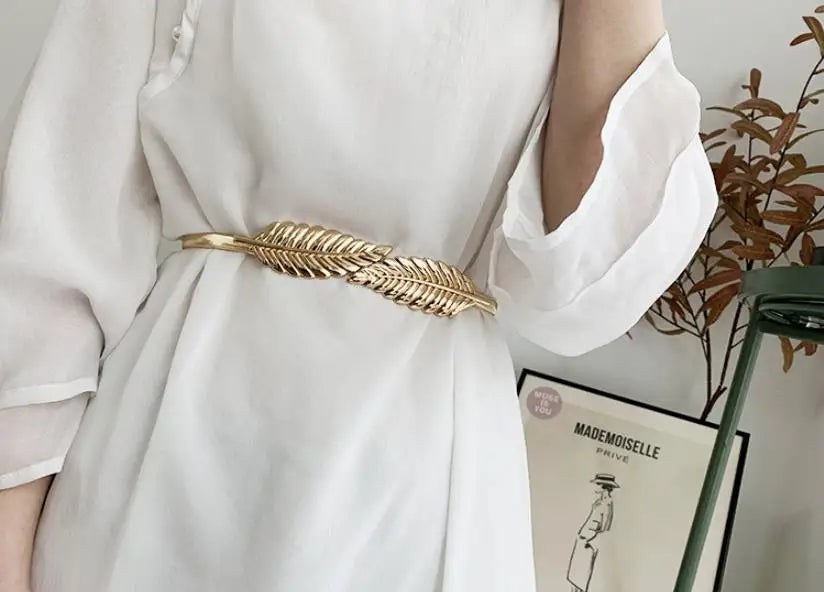 Luxury Fashion New Elastic Metal Waist Silver Gold Chain Belts Female Round Leaf Buckle for Women Dresses Strap Waistband