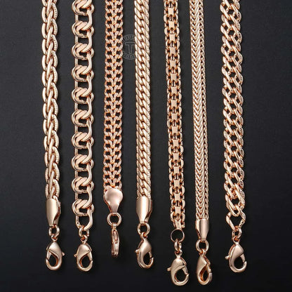 585 Rose Gold Color Women Men's Necklace Foxtail Curb Weaving Rope Snail Link Herringbone Beaded Pearl Chain 50/60cm Jewelry