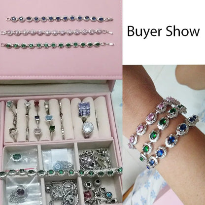 Pera High Quality Full Big Round Connected Created Green Stone Women Link Chain Bracelets Jewelry With White Gold Color