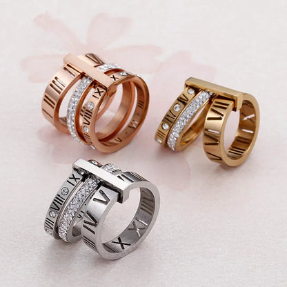 Trendy Stainless Steel Rings For Women Girls Three Layers Roman Numerals Zircon Bridal Wedding Women Rings Fashion Jewelry Gift