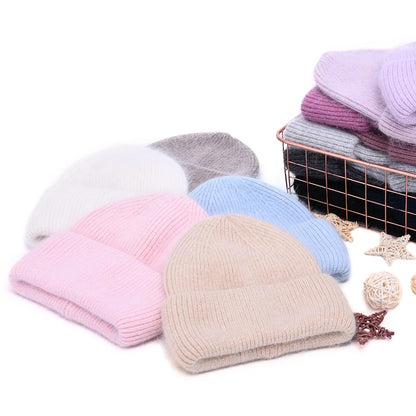 Casual Women's Hat Real Rabbit Fur Beanie Ladies Autumn Winter Cashmere Hats Three Fold Thick Knitted Girls Skullies Beanies Cap