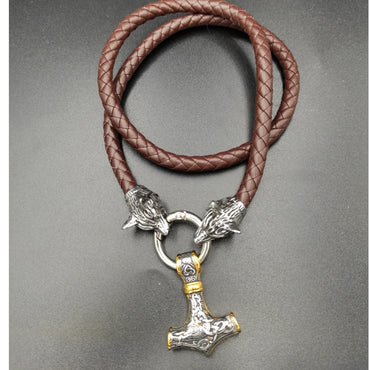 stainless steel wolf head leather chain VIKING Thor's hammer PENDANT men's necklace JEWELRY