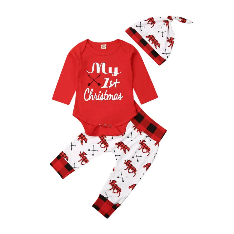 Joli bébé garçon mon premier noël lettre barboteuse enfants pantalon nouveau-né chapeau garçons tenues fille ensemble de noël vêtements d'automne 2 pièces ensemble