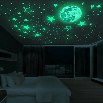 Autocollants muraux lumineux lune et étoiles, pour chambre d'enfants, chambre de bébé, décoration de la maison, sparadrap muraux qui brillent dans la nuit, plafond de chambre à coucher