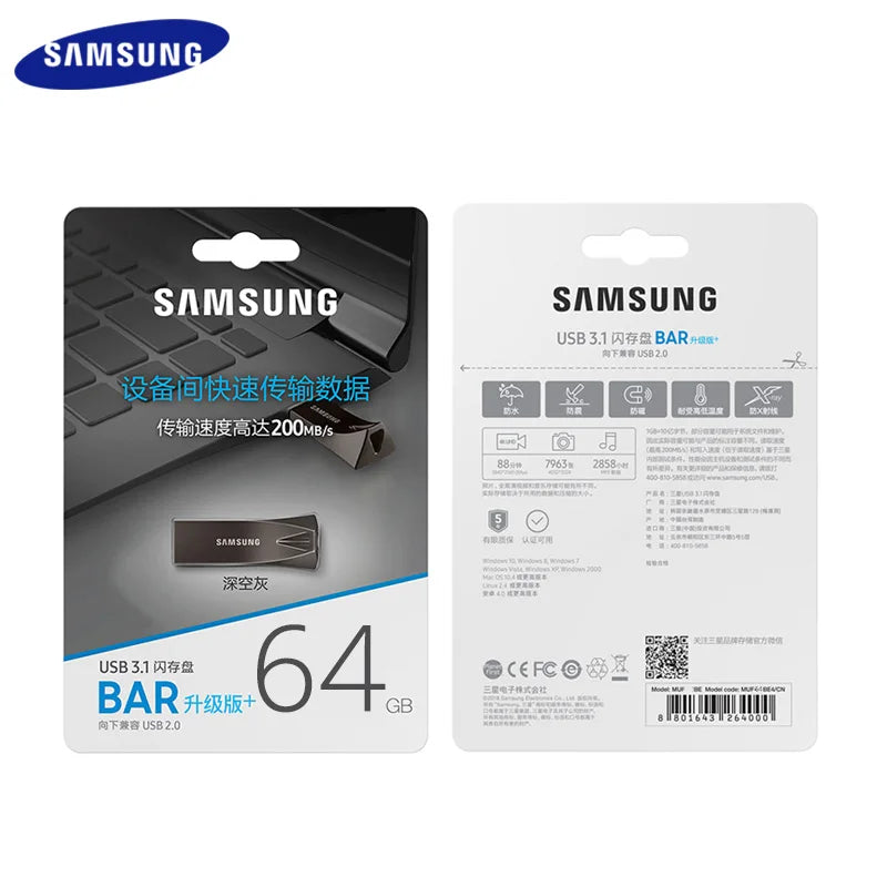 SAMSUNG BAR Plus USB Flash Drive USB 3.1 Flash Drive 64GB 300MB/s 128GB 256GB 400MB/s Metal Pen Drive Gray U Disk for Computer