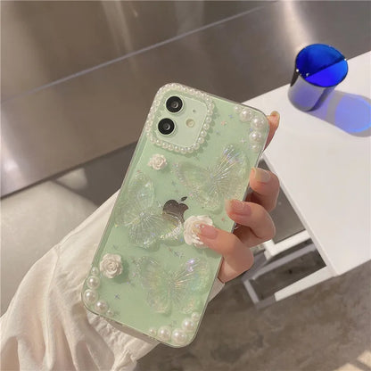 Cute 3D Bow Pearl Rose Phone Case For iPhone 15 14 13 12 11 Pro XS Max XR X 8 7 Plus Se Sequins Soft Shockproof Cover