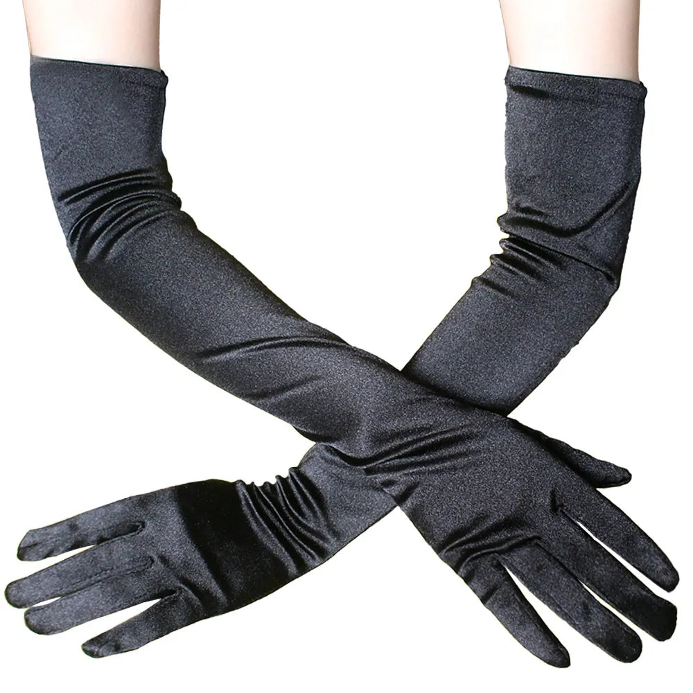 Klassisk Vuxen Svart Vit Röd Grå Hud Opera/Armbåge/Wrist Stretch Satin Finger Långa Handskar Kvinnor Flapper Handskar Matchande kostym