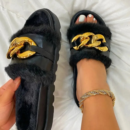 Winter Plush Slippers Fashion Open Toe Solid Color Women's Sandals Metal Chain Outdoor Casual Women's Shoes  Fashion Shoes