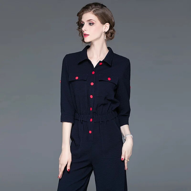 Women's autumn new fashion lapel cropped sleeves autumn section jumpsuit