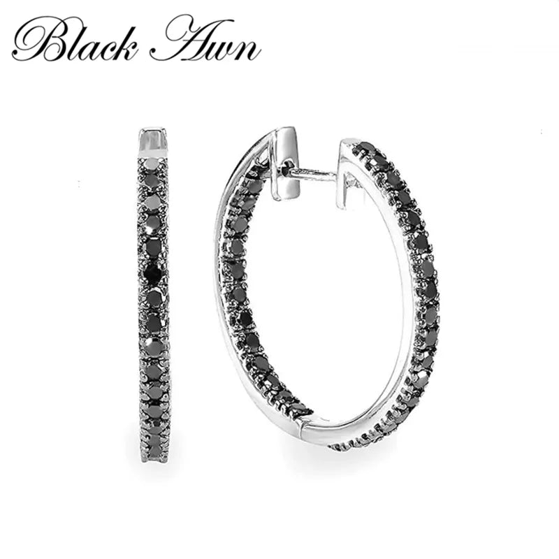 Black Awn New Classic Silver Color Round Trendy Spinel Engagement Hoop Earrings for Women Jewelry