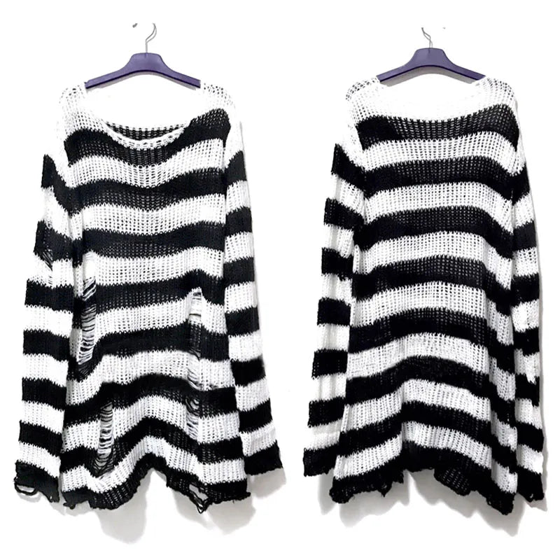 Punk Gothic Long Unisex Sweater Women Striped Cool Hollow Out Hole Broken Jumper Loose Rock Thin Dark Streetwear Top