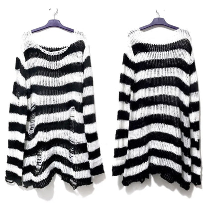 Punk Gothic Long Unisex Sweater Women Striped Cool Hollow Out Hole Broken Jumper Loose Rock Thin Dark Streetwear Top