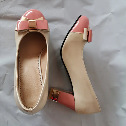 Hot Candy Color Kvinnor Pumps Skor Grunda Block Högklackat Klänning Pump Sweet Bowtie Rosa Bröllop Arbetsfest Skor Kvinna