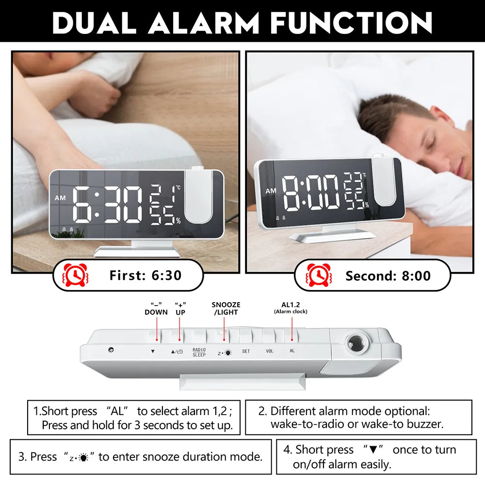 FM Radio LED Digital Smart Väckarklocka Klocka Bord Elektroniska skrivbordsklockor USB Wake Up Clock med 180° tidsprojektion snooze