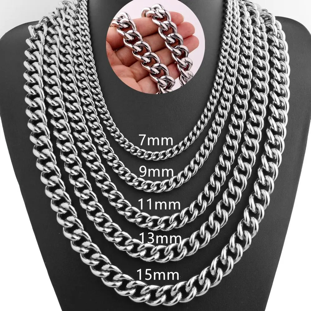 7/9/11/13/15mm Fashion Heavy Men's Necklace Silver Color 316L Stainless Steel Collar Choker Cuban Curb Link Chain