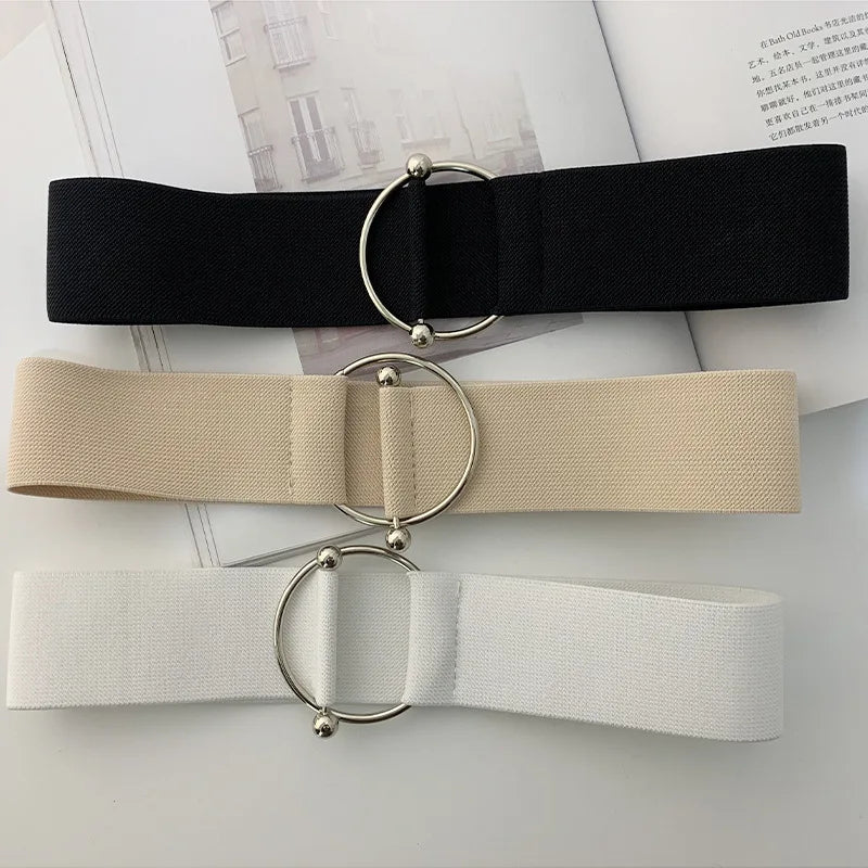 Belts for Women Black Simple Waist Elastic Ladies Band Round Buckle Decoration Coat Sweater Fashion Dress Rice White