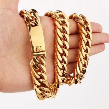 Granny Chic 15mm 7-40inch Gold Color Firm Strong 316L Stainless Steel Jewelry Curb Cuban Link Chain Choker Men's Necklace