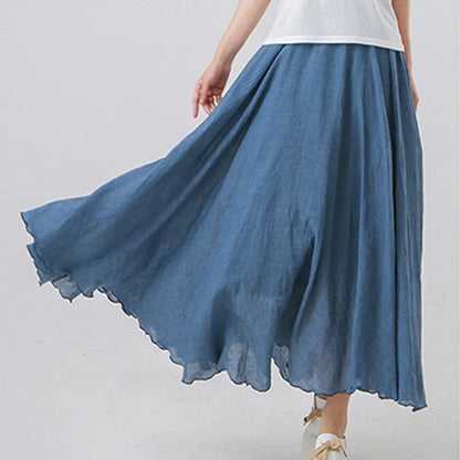 High Quality Cotton Linen Maxi Skirt Womens Casual Elastic High Waist Pleated A-Line Beach Skirts Boho Saia Feminina Faldas Jupe