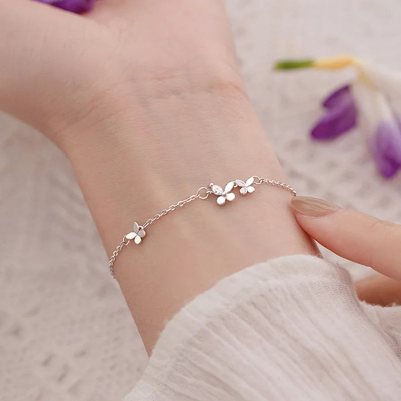 VENTFILLE 925 Sterling Silver Diamond-Studded Butterfly Bracelet Women's Fashion Temperament Flower Adjustable Bracelet