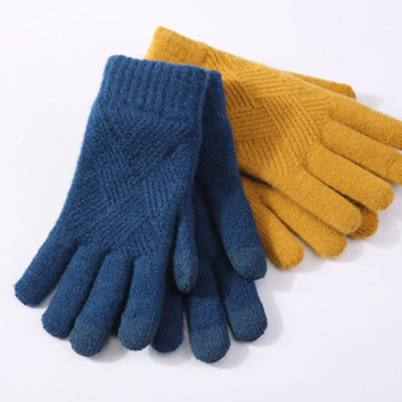 Female Winter Warm Knitted Full Finger Gloves Men Solid Woolen Touch Screen Mittens Women Thick Warm Cycling Driving Gloves