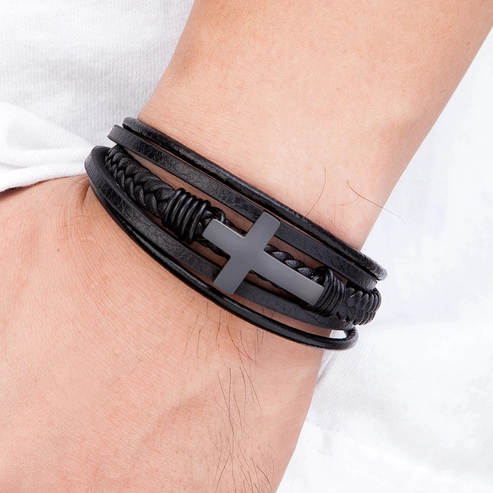 Luxury Multicolor Cross Design Classic Stainless Steel Men's Leather Bracelet 19/21/23cm Choose Handsome Christmas Gifts