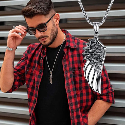 Men Pendant Necklaces, Gothic Vintage Angel Wings Feather Pendant Stainless Steel Necklaces.