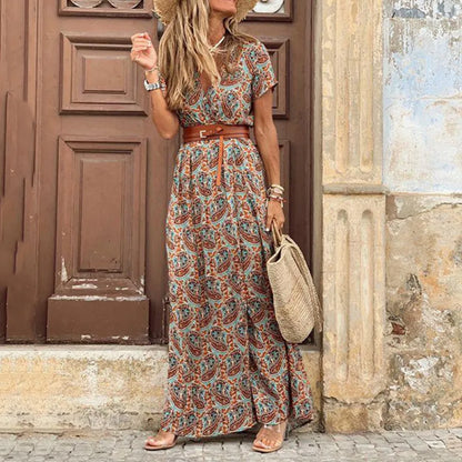 Boho Dam V-ringad Kortärmad Paisley Print Bälte Stor Hem Strand Lång Klänning tryckt klänning sommar strandklänning med skärp