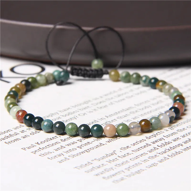 Adjustable 4MM Stone Beads Bracelet For Women Natural Agates Bangles Onyx Lapis Lazuli Woven Bracelet For New Year Gift Jewelry