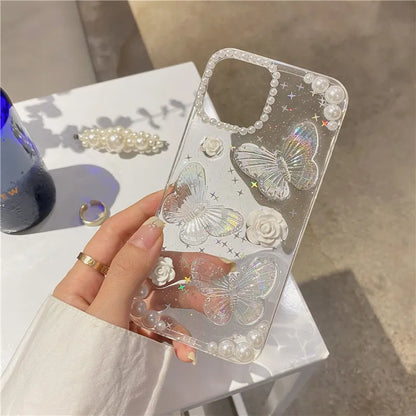 Cute 3D Bow Pearl Rose Phone Case For iPhone 15 14 13 12 11 Pro XS Max XR X 8 7 Plus Se Sequins Soft Shockproof Cover