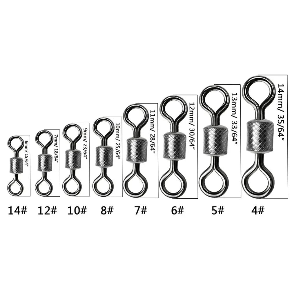 Pivot de pêche 50 à 100 pièces/boîte, tailles 4/0 #-14 #, connecteur solide, roulement à billes, pivot de pêche à pression, roulement de perles en acier inoxydable